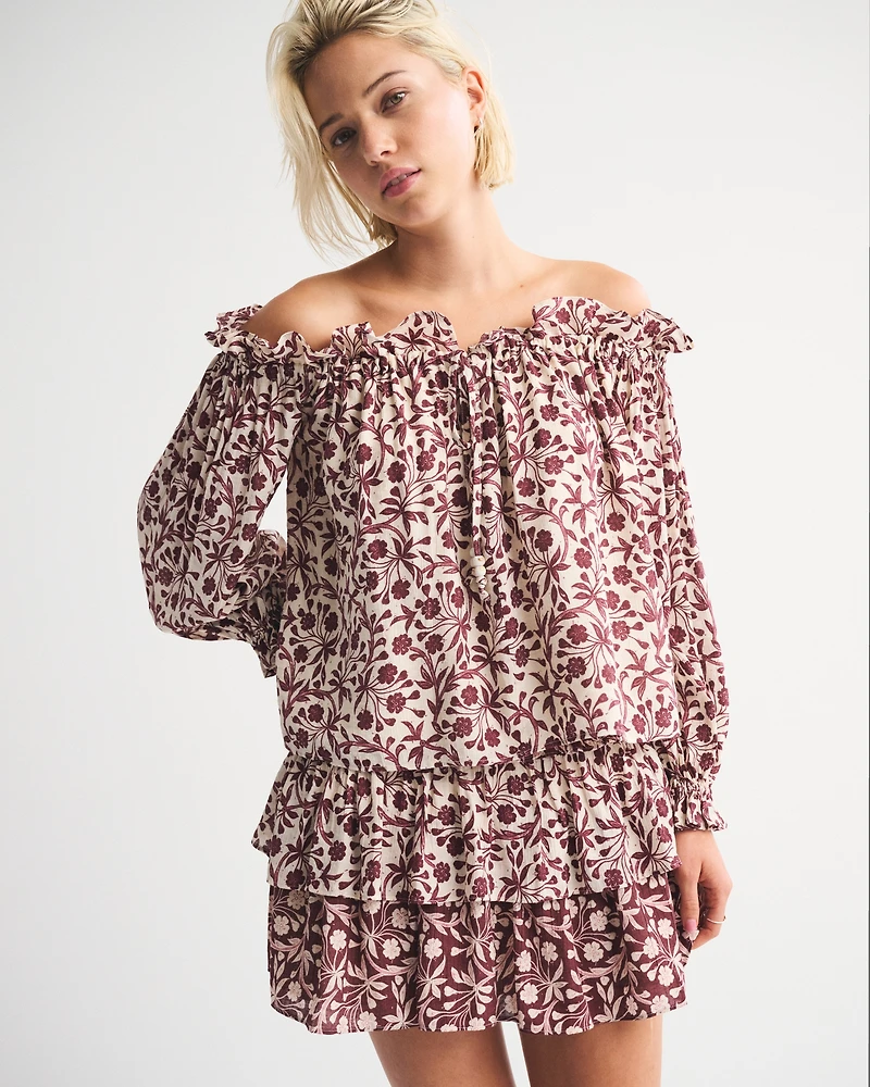 Crinkle Long-Sleeve Off-The-Shoulder Top