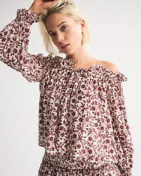 Crinkle Long-Sleeve Off-The-Shoulder Top