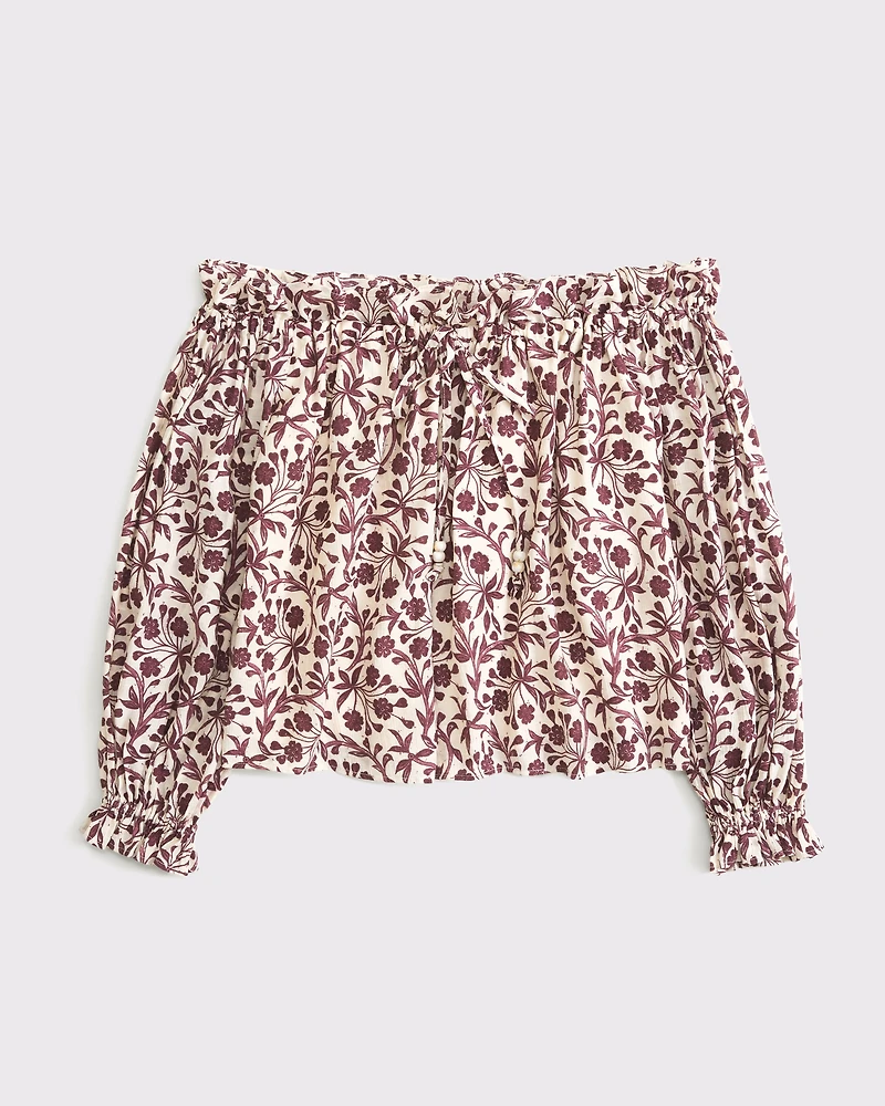 Crinkle Long-Sleeve Off-The-Shoulder Top