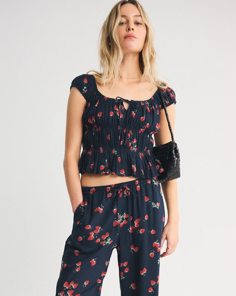 Linen-Blend Smocked Top