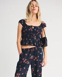 Linen-Blend Smocked Top