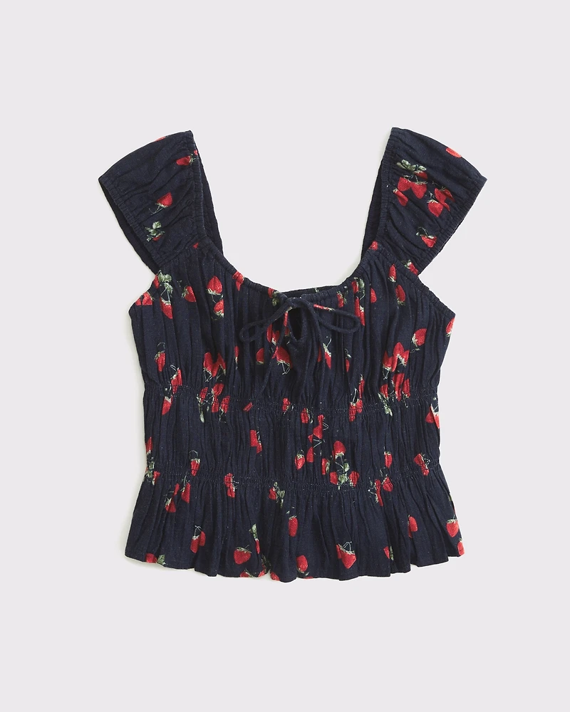 Linen-Blend Smocked Top