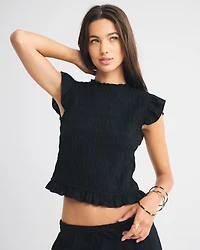 Linen-Blend Tie-Back Smocked Top