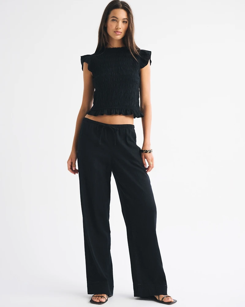 Linen-Blend Tie-Back Smocked Top