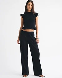 Linen-Blend Tie-Back Smocked Top