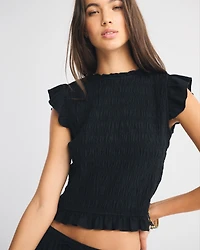 Linen-Blend Tie-Back Smocked Top