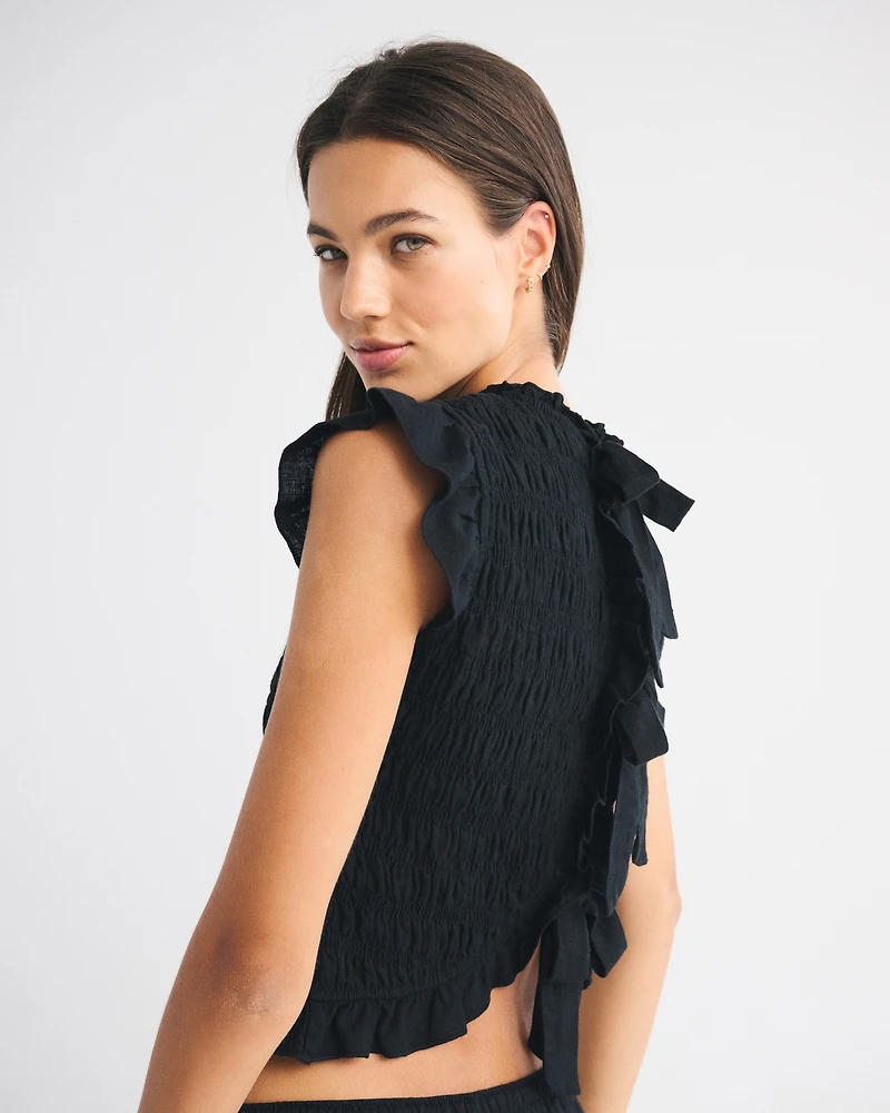 Linen-Blend Tie-Back Smocked Top