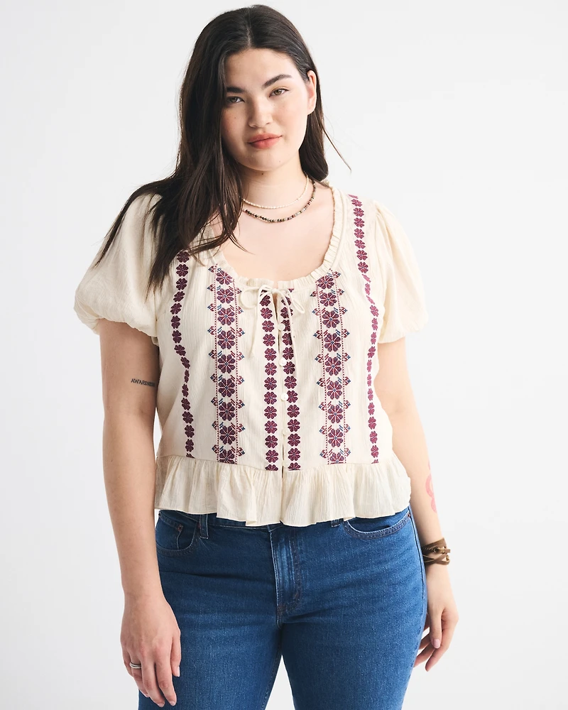 Embroidered Peplum Puff Sleeve Top