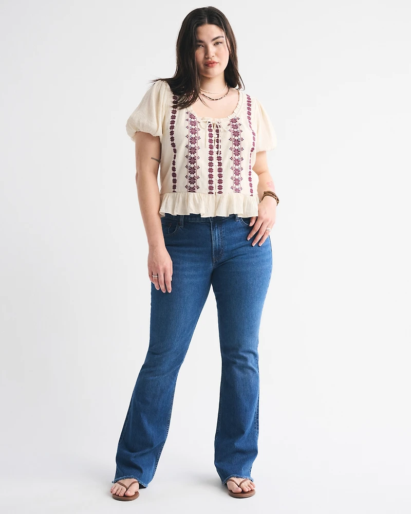 Embroidered Peplum Puff Sleeve Top