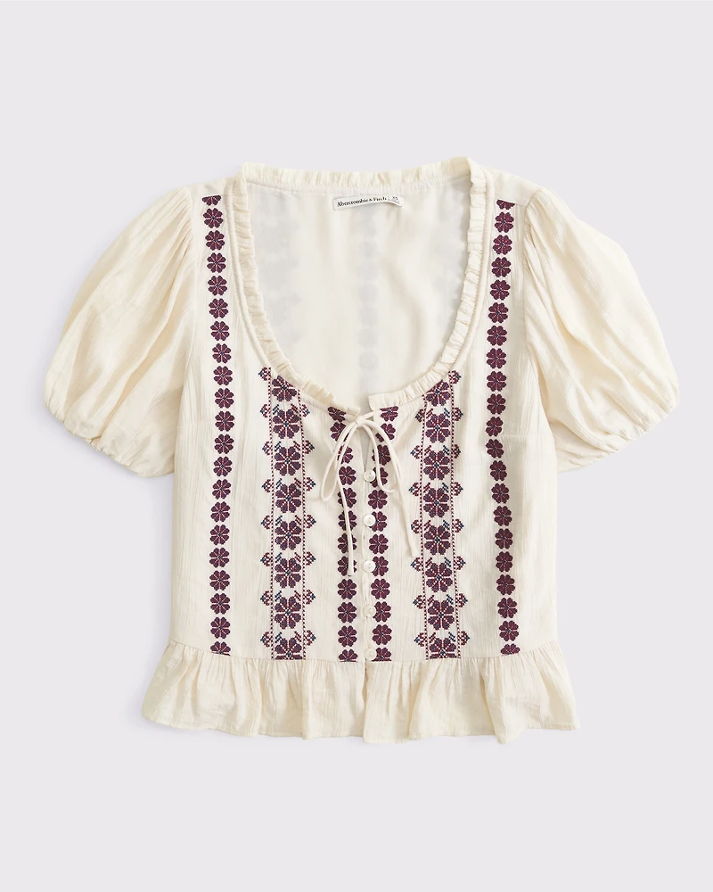 Embroidered Peplum Puff Sleeve Top