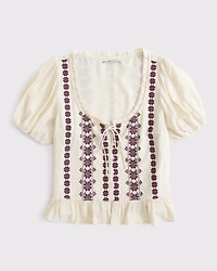 Embroidered Peplum Puff Sleeve Top