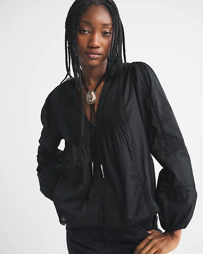 Lace-Trim Button-Through Blouse