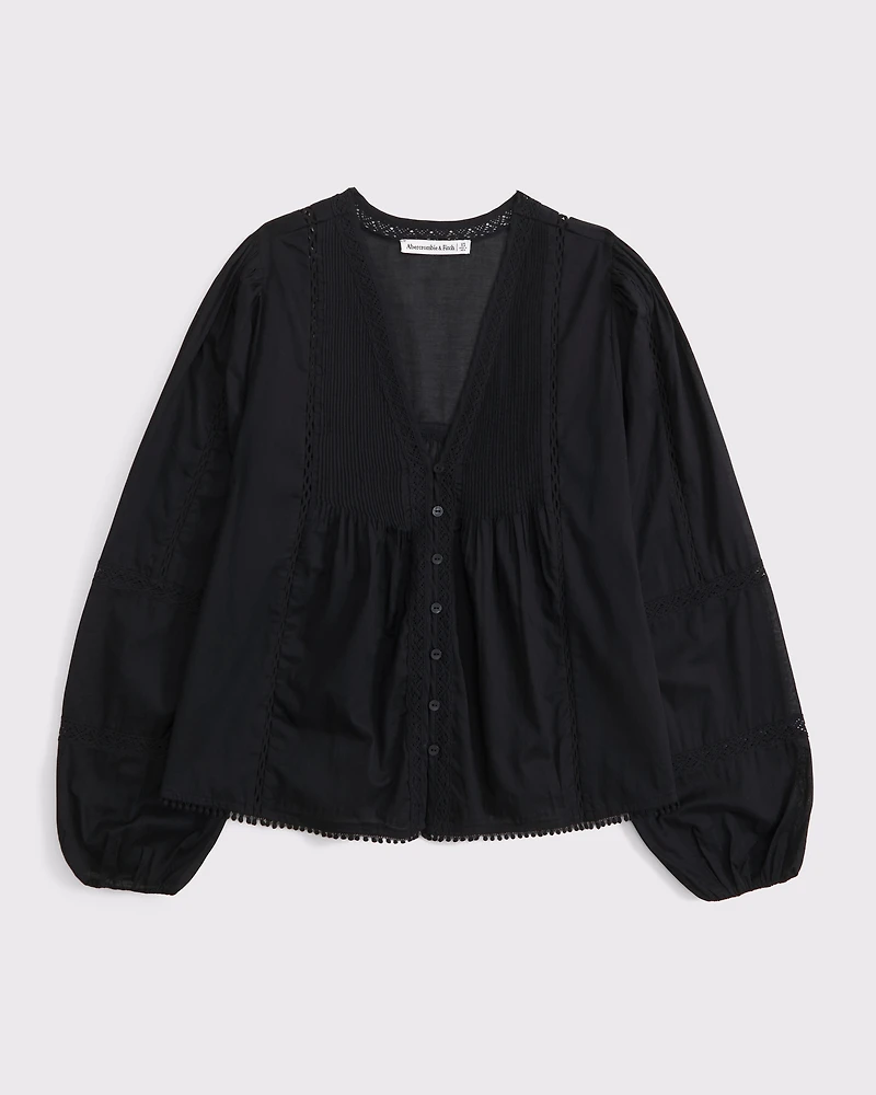 Lace-Trim Button-Through Blouse