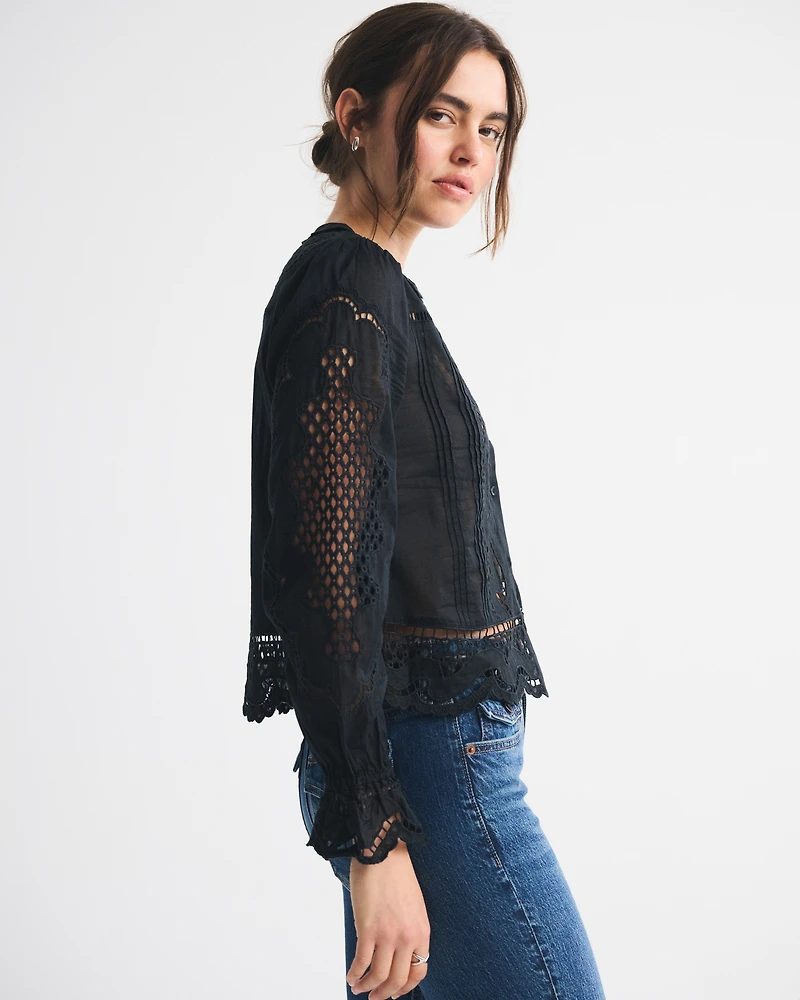 Long-Sleeve Eyelet Lace-Trim Top