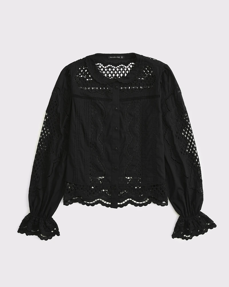Long-Sleeve Eyelet Lace-Trim Top