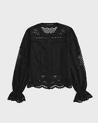 Long-Sleeve Eyelet Lace-Trim Top