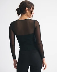 Bra-Free Long-Sleeve Mesh Plunge Top