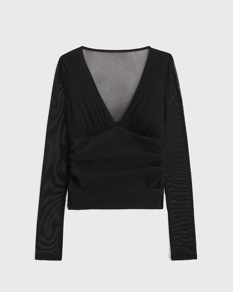 Bra-Free Long-Sleeve Mesh Plunge Top