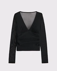 Bra-Free Long-Sleeve Mesh Plunge Top