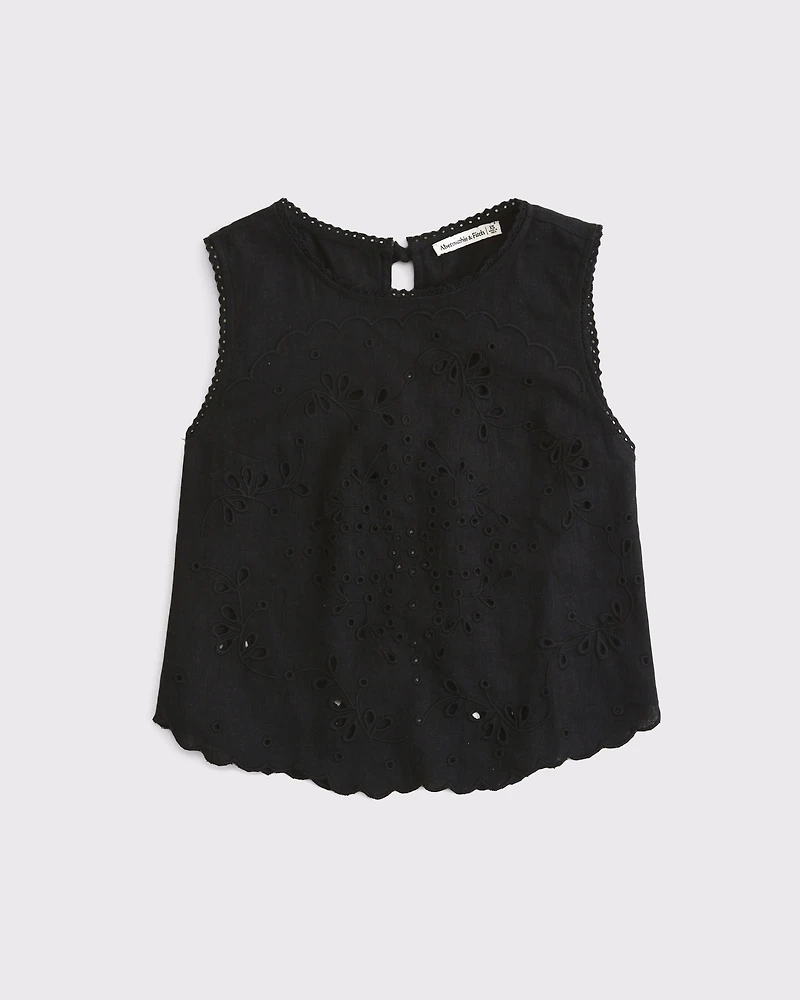 Linen-Blend Embroidered Tie-Back Shell Top