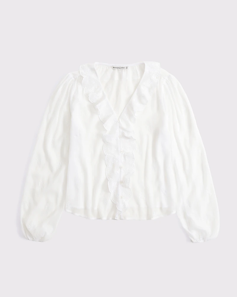 Sheer Embroidered Ruffle Button-Through Blouse