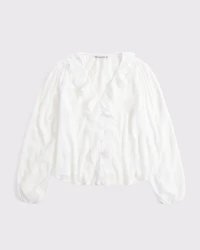 Sheer Embroidered Ruffle Button-Through Blouse