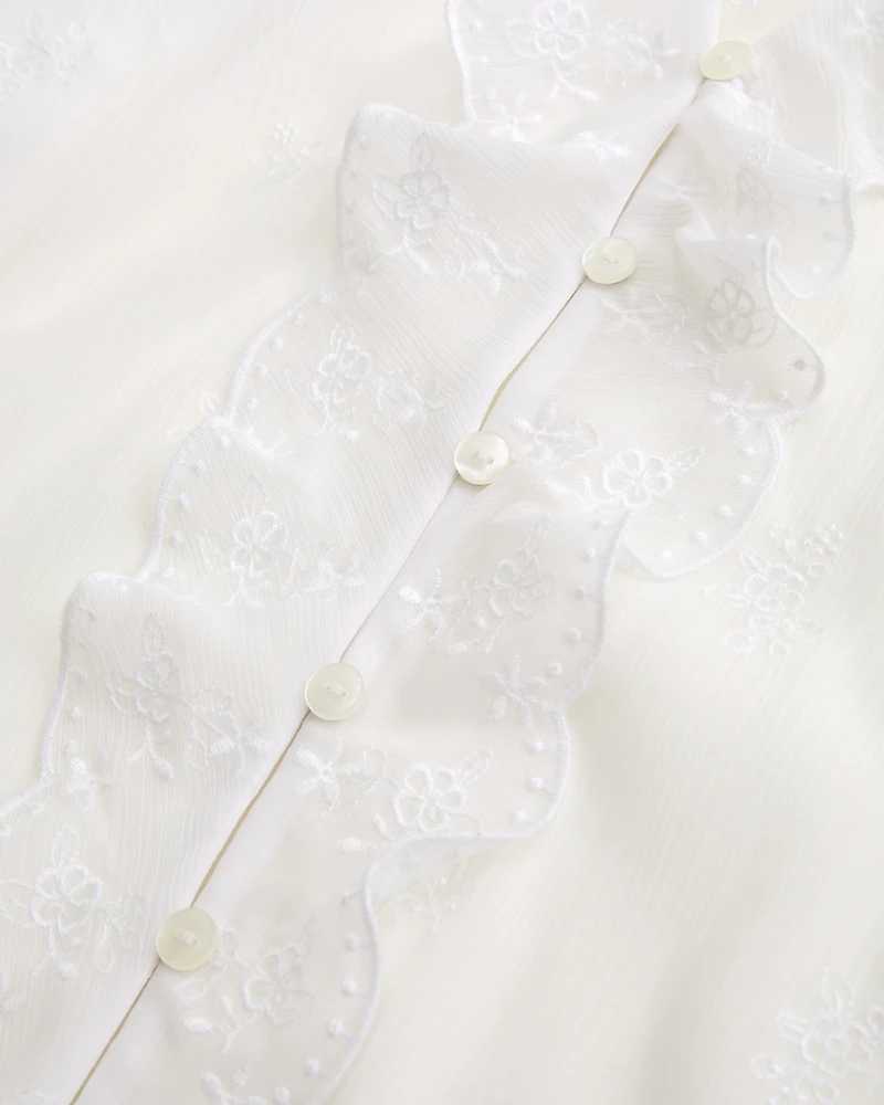 Sheer Embroidered Ruffle Button-Through Blouse