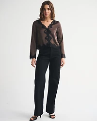 Lace-Trim Button-Through Blouse