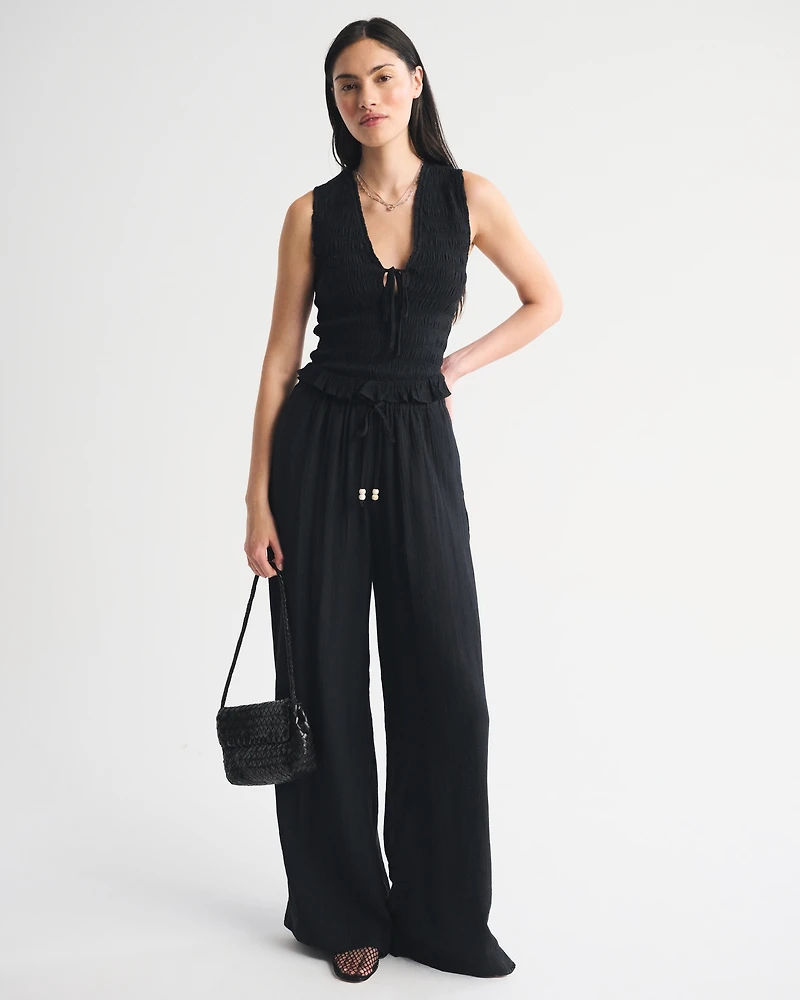 Smocked Tie-Front Set Top