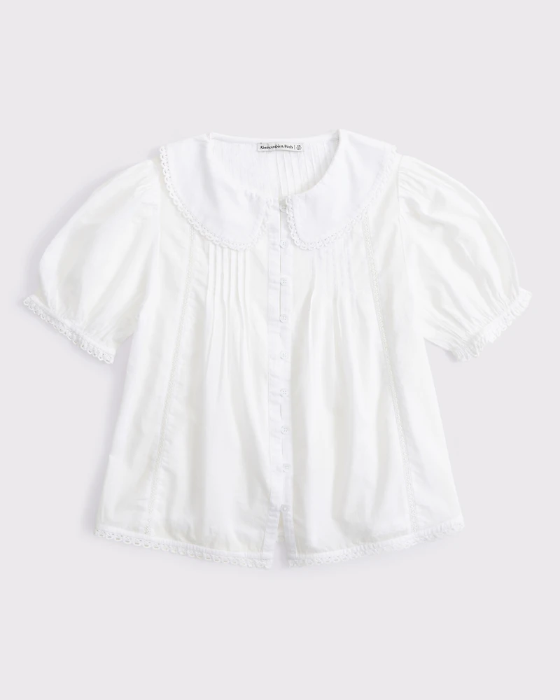 Collared Button-Through Puff Sleeve Top