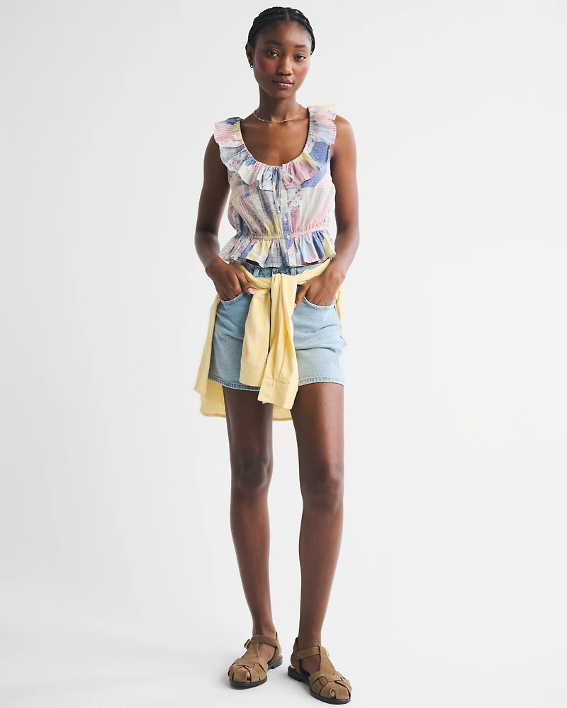 Ruffle Scoopneck Button-Through Tank