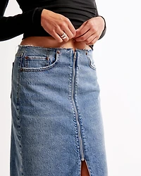 Mid Rise Denim Zip-Front Midi Skirt