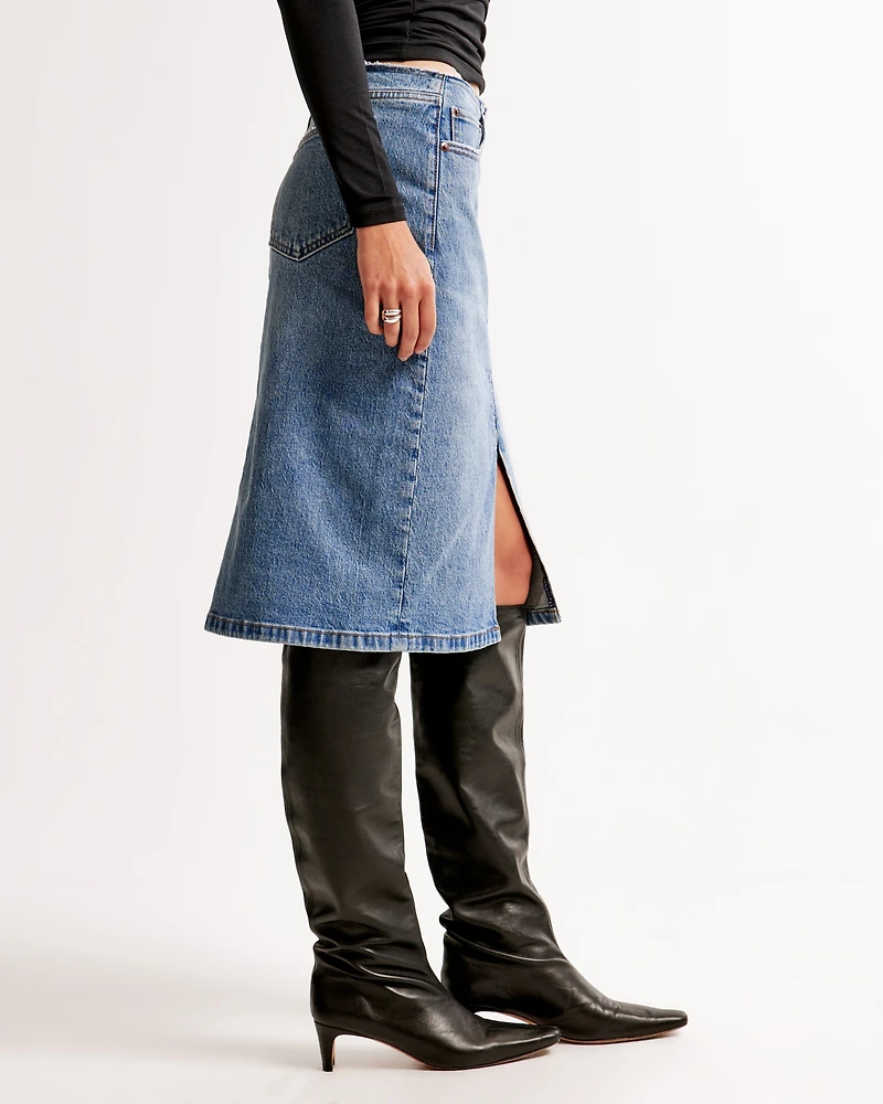 Mid Rise Denim Zip-Front Midi Skirt
