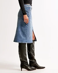 Mid Rise Denim Zip-Front Midi Skirt