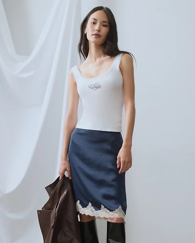 High Rise Satin Lace-Hem Midi Skirt