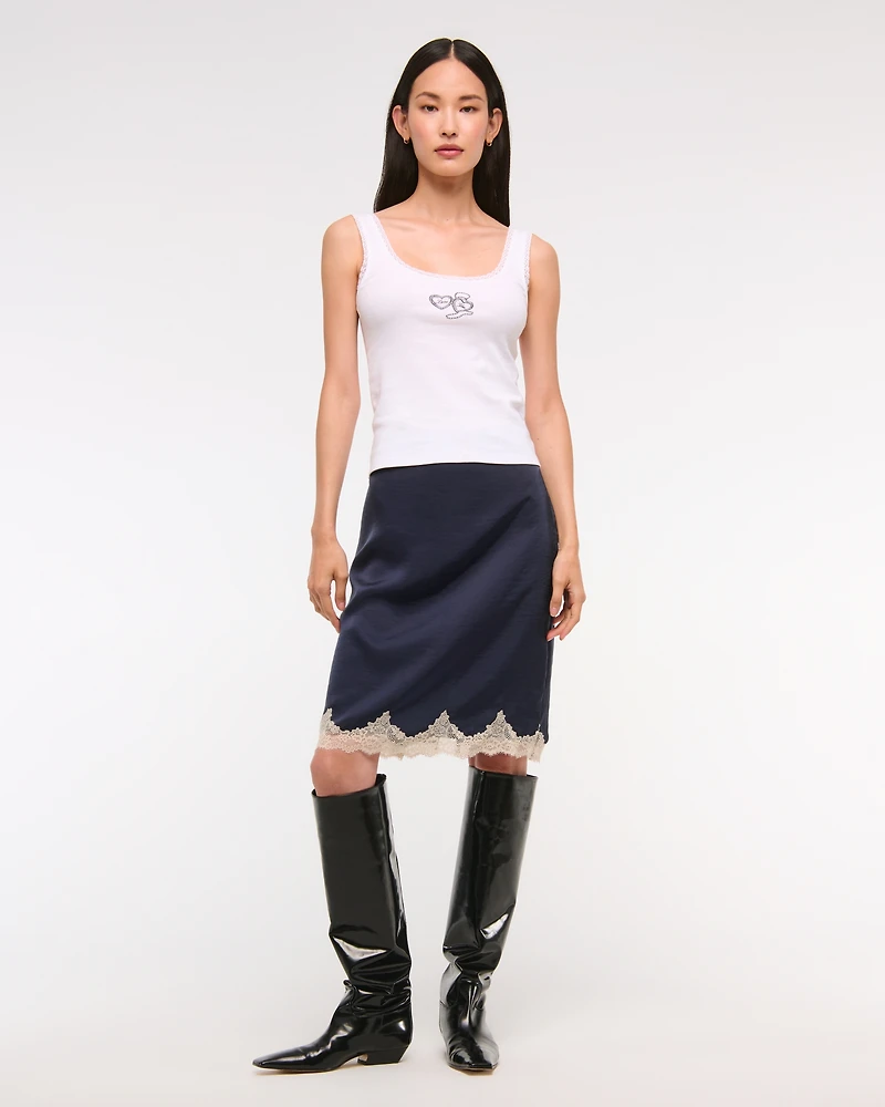 High Rise Satin Lace-Hem Midi Skirt