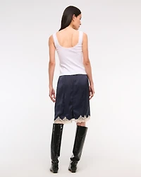 High Rise Satin Lace-Hem Midi Skirt