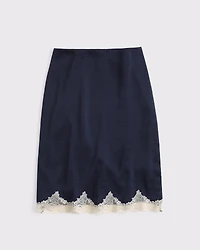 High Rise Satin Lace-Hem Midi Skirt