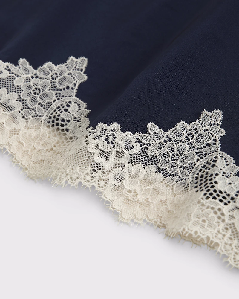High Rise Satin Lace-Hem Midi Skirt