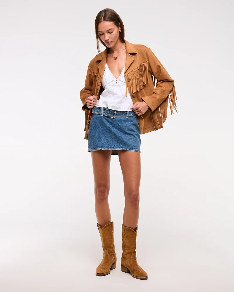 Mid Rise Belted Denim Mini Skort