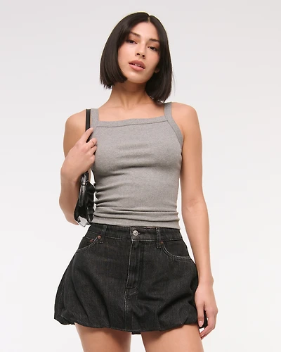 Mid Rise Bubble Hem Denim Mini Skirt