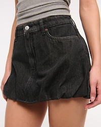Mid Rise Bubble Hem Denim Mini Skirt