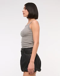 Mid Rise Bubble Hem Denim Mini Skirt