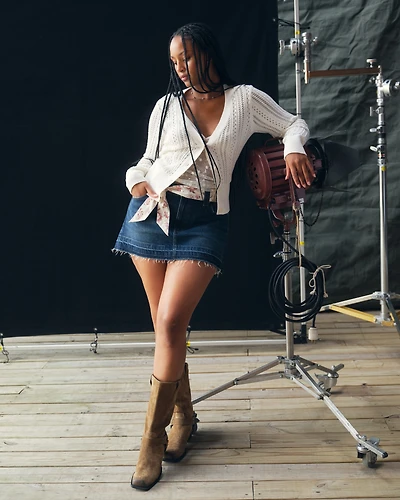 Mid Rise Belted Scarf Denim Mini Skirt