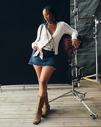 Mid Rise Belted Scarf Denim Mini Skirt