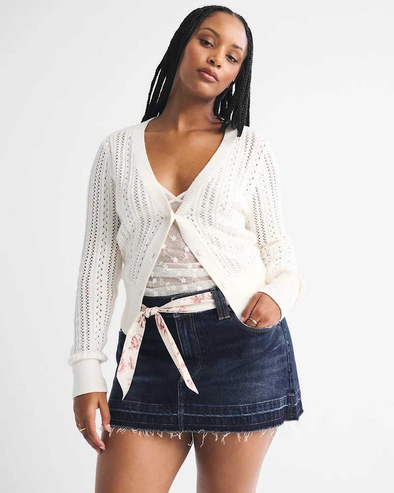 Mid Rise Belted Scarf Denim Mini Skirt