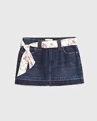 Mid Rise Belted Scarf Denim Mini Skirt