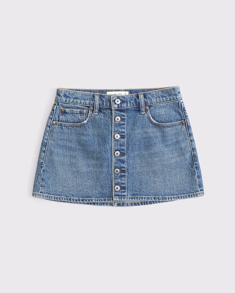 Mid Rise Button Front Denim Mini Skirt