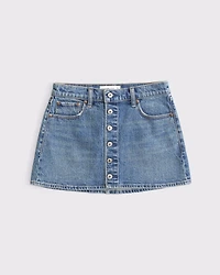 Mid Rise Button Front Denim Mini Skirt