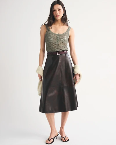 High Rise Vegan Leather Midi Skirt